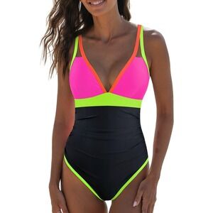 NWT Popvil Womens One Piece Neon Color Block Swimsuit Tummy Control V Neck XL